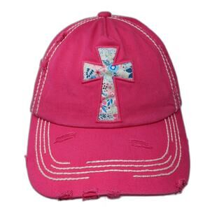 Floral Cross Strapback 5 Panel Cap Pink One Size Distressed Kb Ethos Vintage